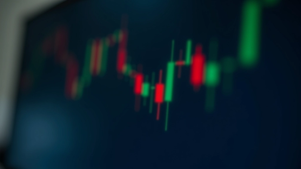 Close-up of a candlestick chart on a computer monitor showing color-coded candles in green and red with clear wicks extending from each candle body