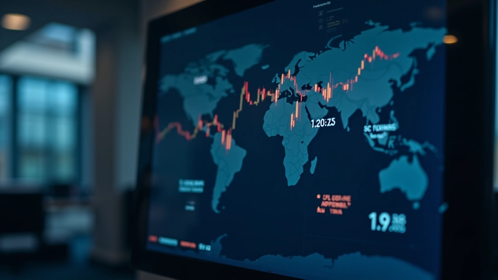 Digital clock showing different times across world cities, world map in background, financial office environment, sharp focus