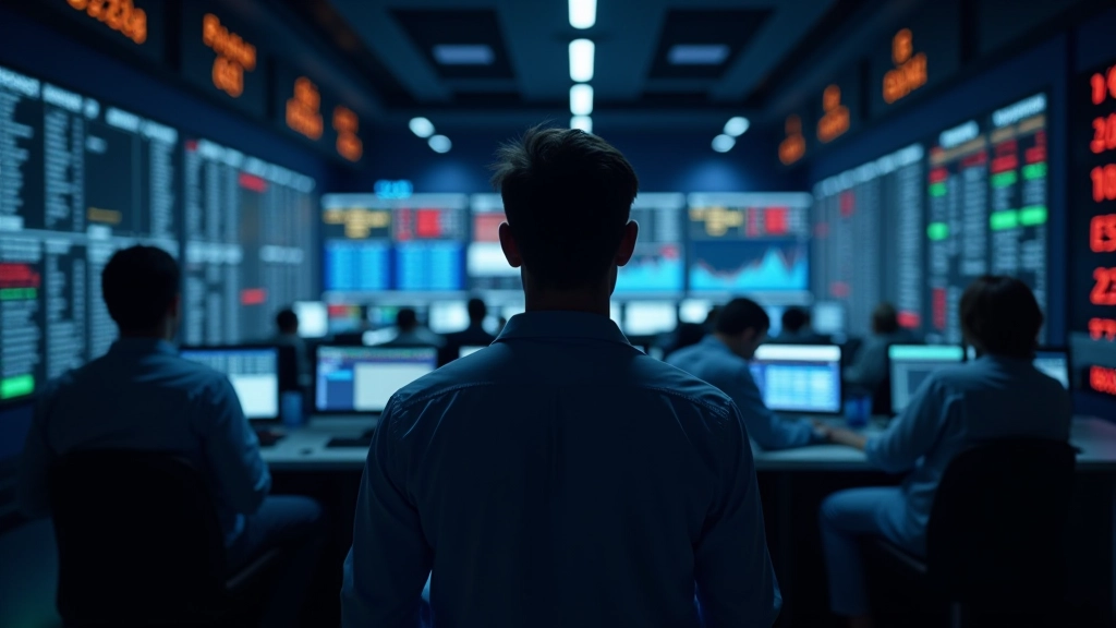 Global stock exchange trading floor with multiple monitors and traders, modern financial center, professional lighting