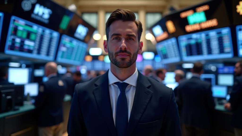 New York Stock Exchange trading floor, busy with traders, large LED screens showing stock tickers, professional financial environment