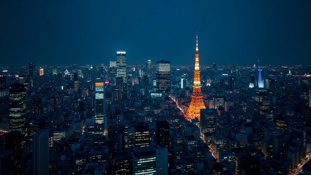 Tokyo cityscape at night with illuminated buildings, financial district, Asian metropolis, evening photograph, sharp focus