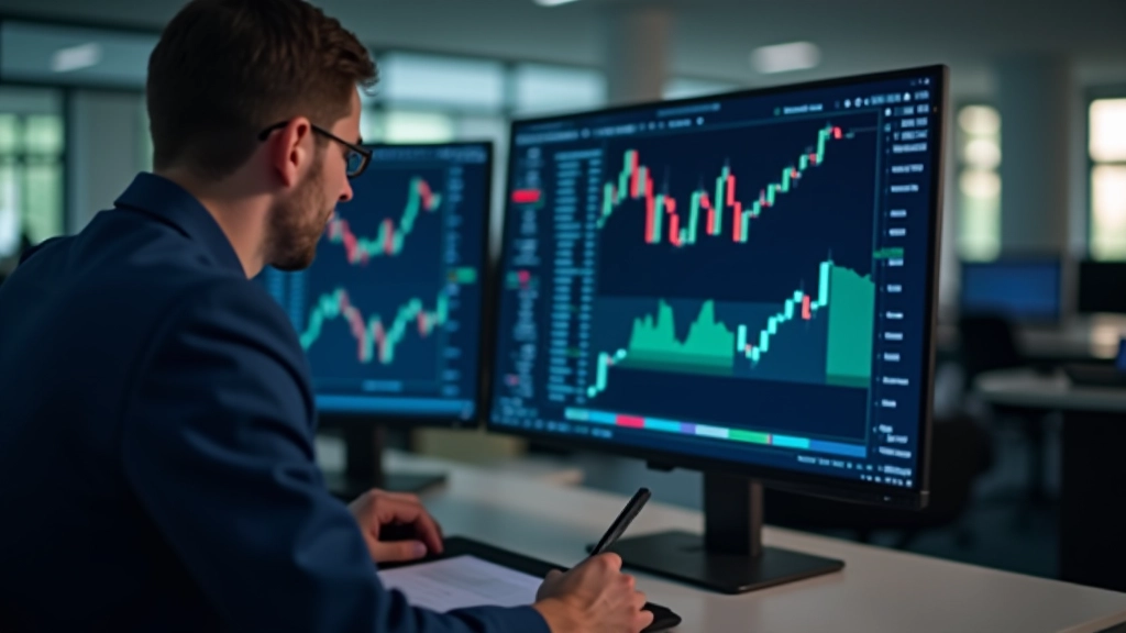 Trader analysing market orders and trading charts on computer screen in modern office environment