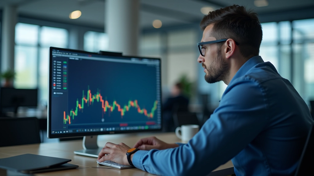 Trader reviewing financial market terminology and trading terms on computer screen in modern office environment