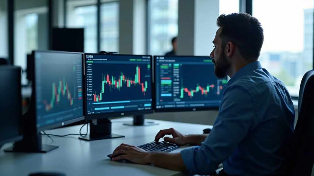 Financial market trading desk with multiple monitors displaying live price charts and candlestick patterns