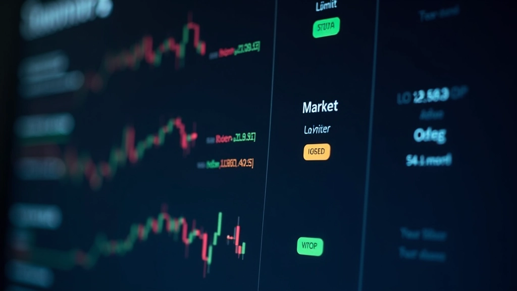 Trading interface showing different order types with color-coded examples of market, limit, and stop orders on a price chart