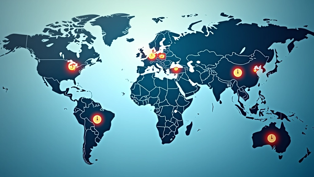 World map highlighting major stock exchange cities with clock icons showing different trading hours for London, New York, Tokyo, and Hong Kong exchanges